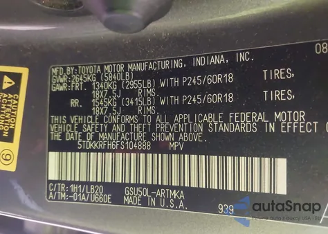 2015 Toyota Highlander Xle V6 z USA, uszkodzony, nr VIN 5TDKKRFH6FS104888